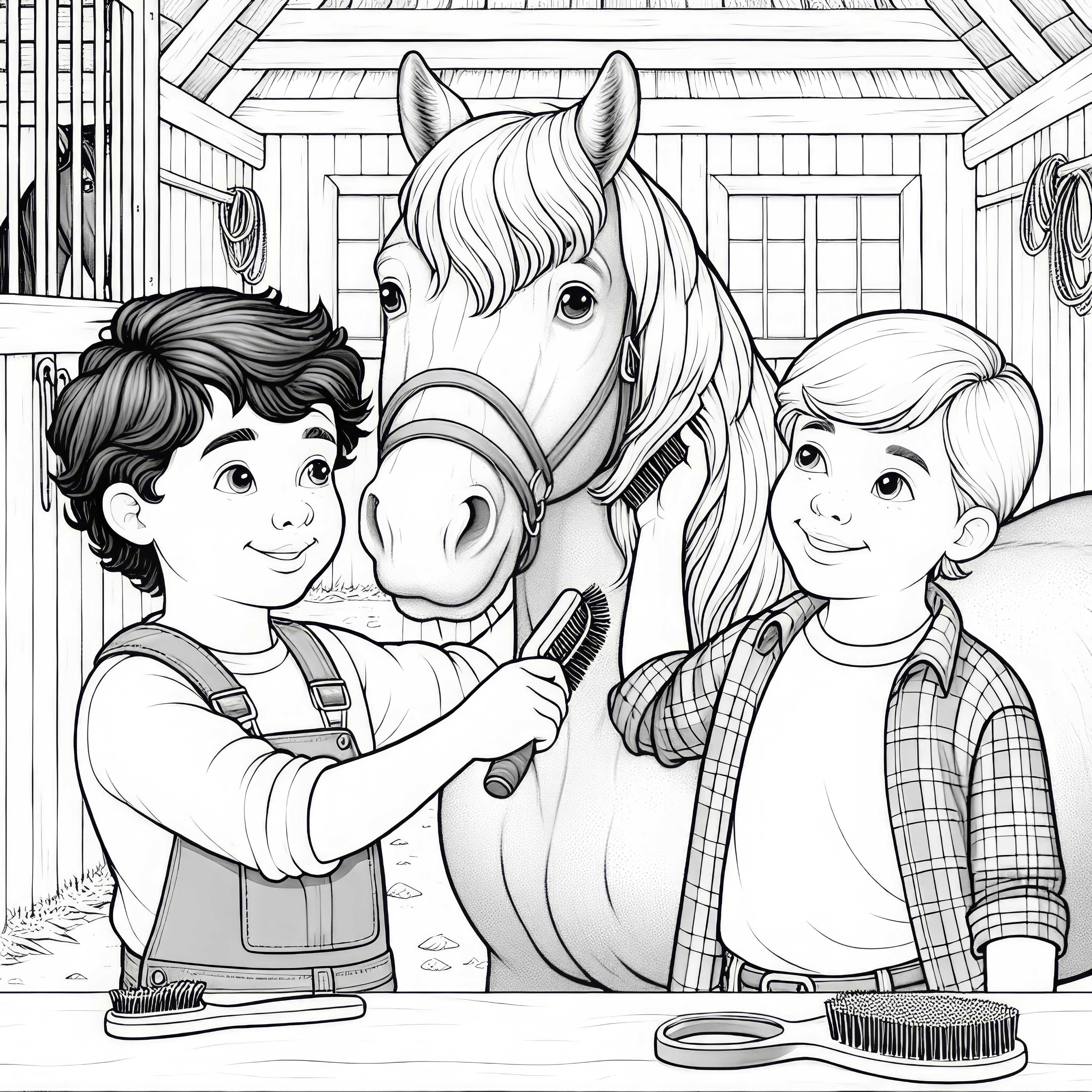 Niños limpian y cepillan caballo en el establo – Plantilla para colorear detallada gratuita