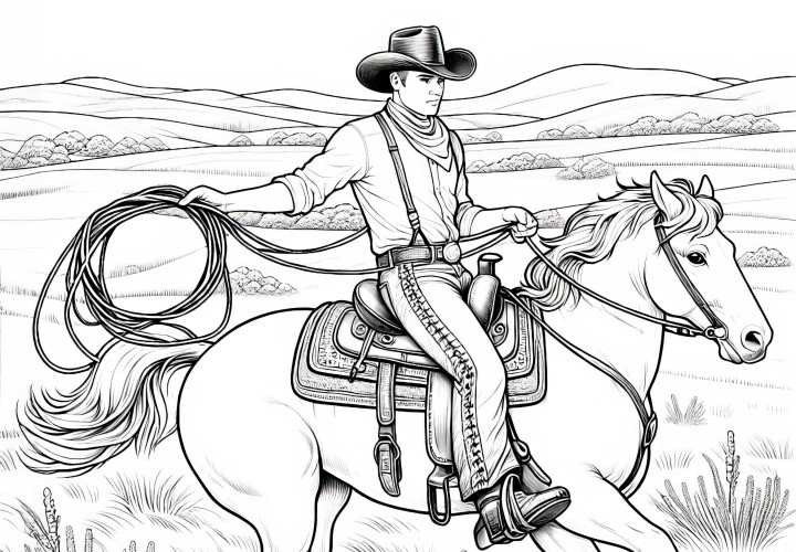 El vaquero monta a caballo con un lazo a través de la pradera - Plantilla de dibujo detallada gratis El vaquero monta a caballo con un lazo a través de la pradera - plantilla de colorear detallada gratuita
