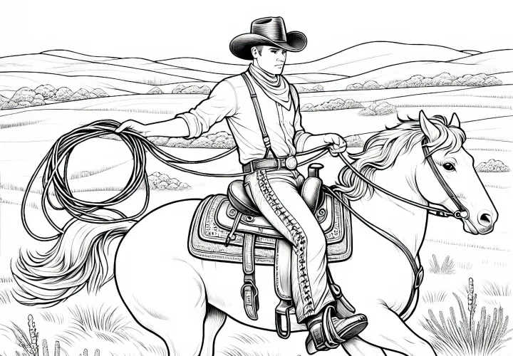 Cowboy reitet mit Lasso durch die Prärie – Malvorlage detailreich kostenlos