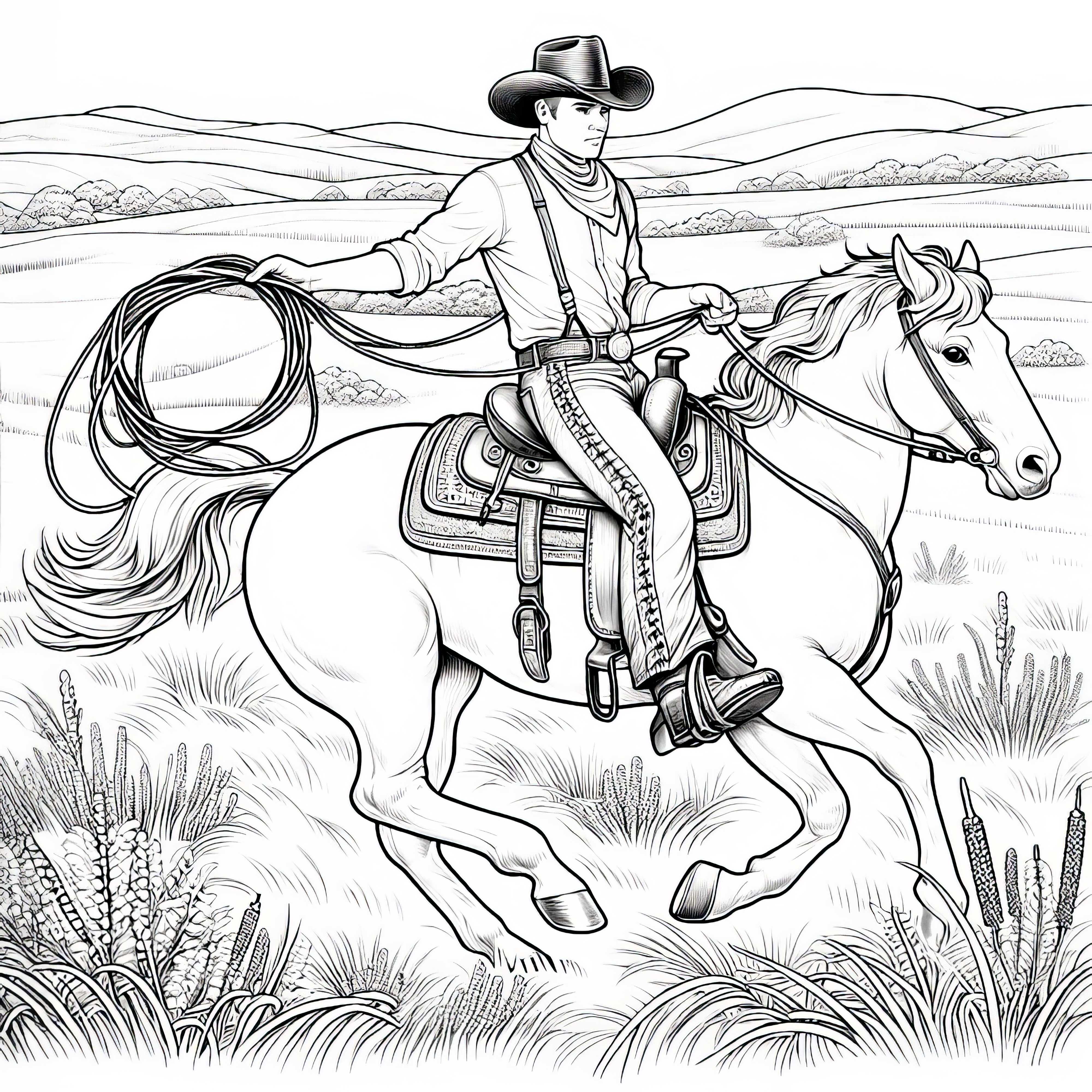 Cowboy monta a caballo con lazarillo por la pradera - Plantilla para colorear detallada gratis