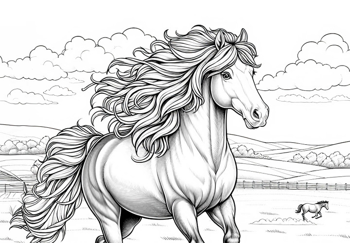 Caballo con crin al viento corre libremente por el prado - Dibujo para colorear en detalle y gratuito Caballo con crin ondeante corre libremente por el prado - Dibujo para colorear detallado y gratuito