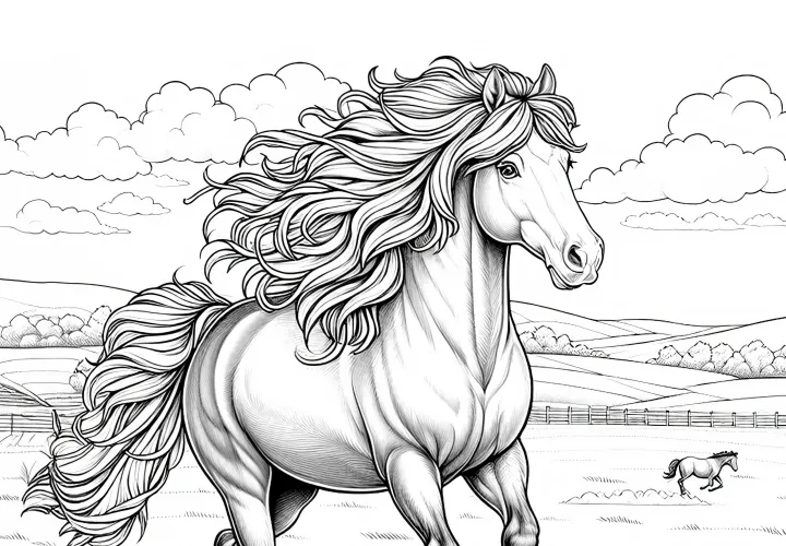 Pferd mit wehender Mähne läuft frei über Koppel - Ausmalbild in Detailreich und kostenlos