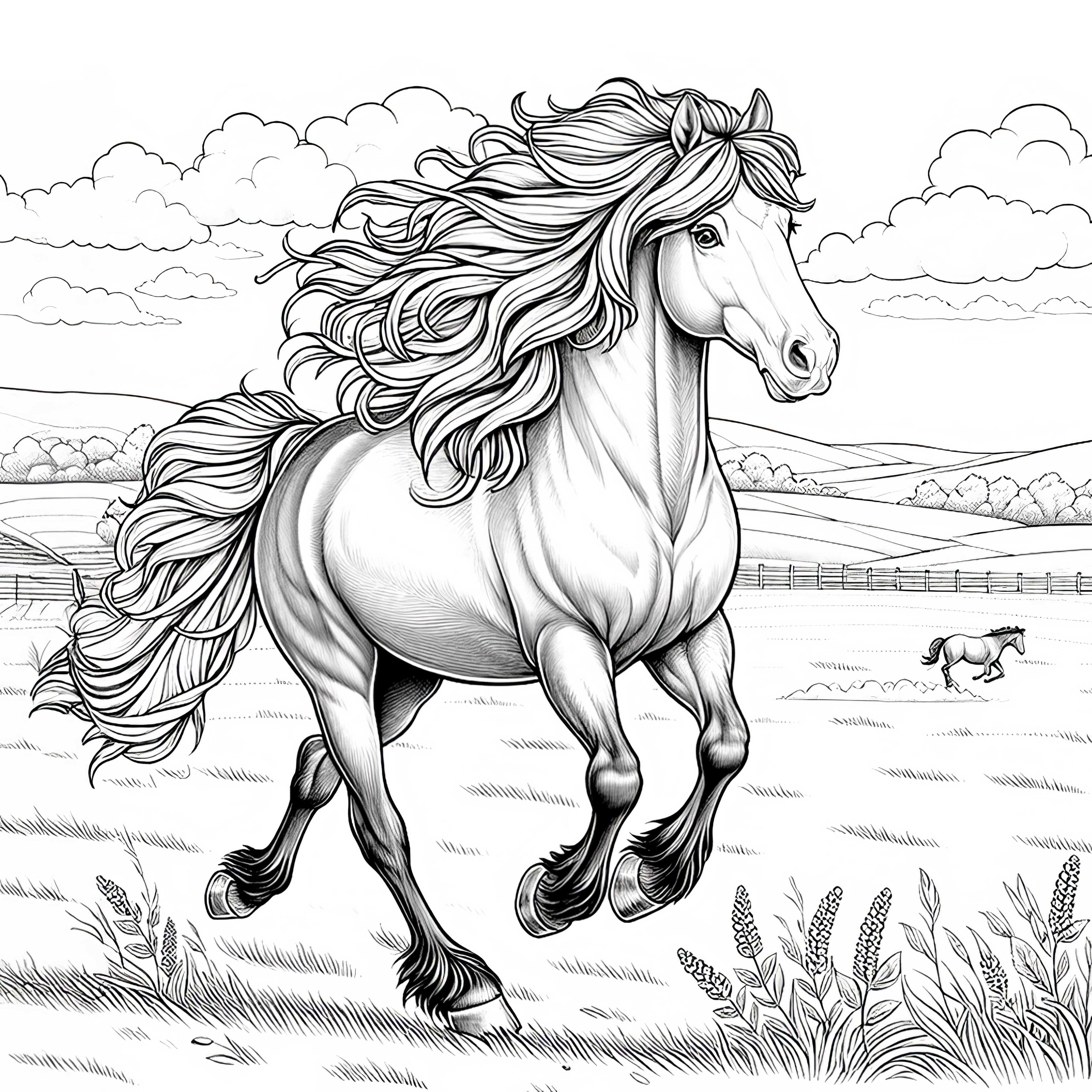 Caballo con crin ondeando corre libremente por el prado - Dibujo para colorear en detalle y gratis