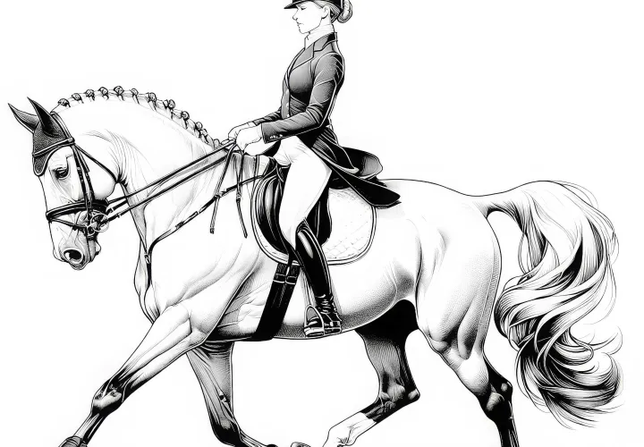 Eine Dressurreiterin führt eine elegante Trabbewegung auf einem Turnierplatz aus