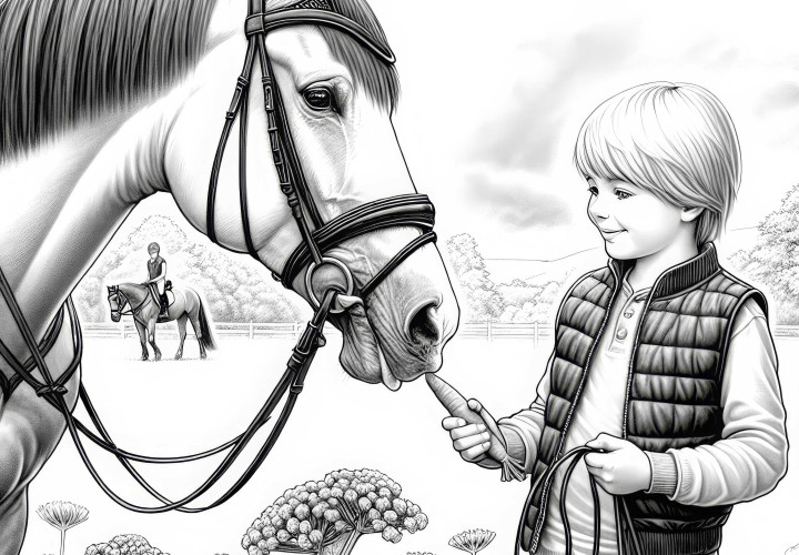 Niño alimenta al caballo con zanahoria – Imagen para colorear para aficionados a la equitación Niño alimenta al caballo con zanahoria - Imagen para colorear para aficionados al deporte ecuestre