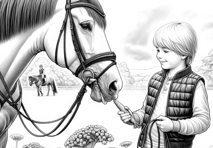 Kind füttert Pferd mit Karotte – Ausmalbild für Reitsport-Fans