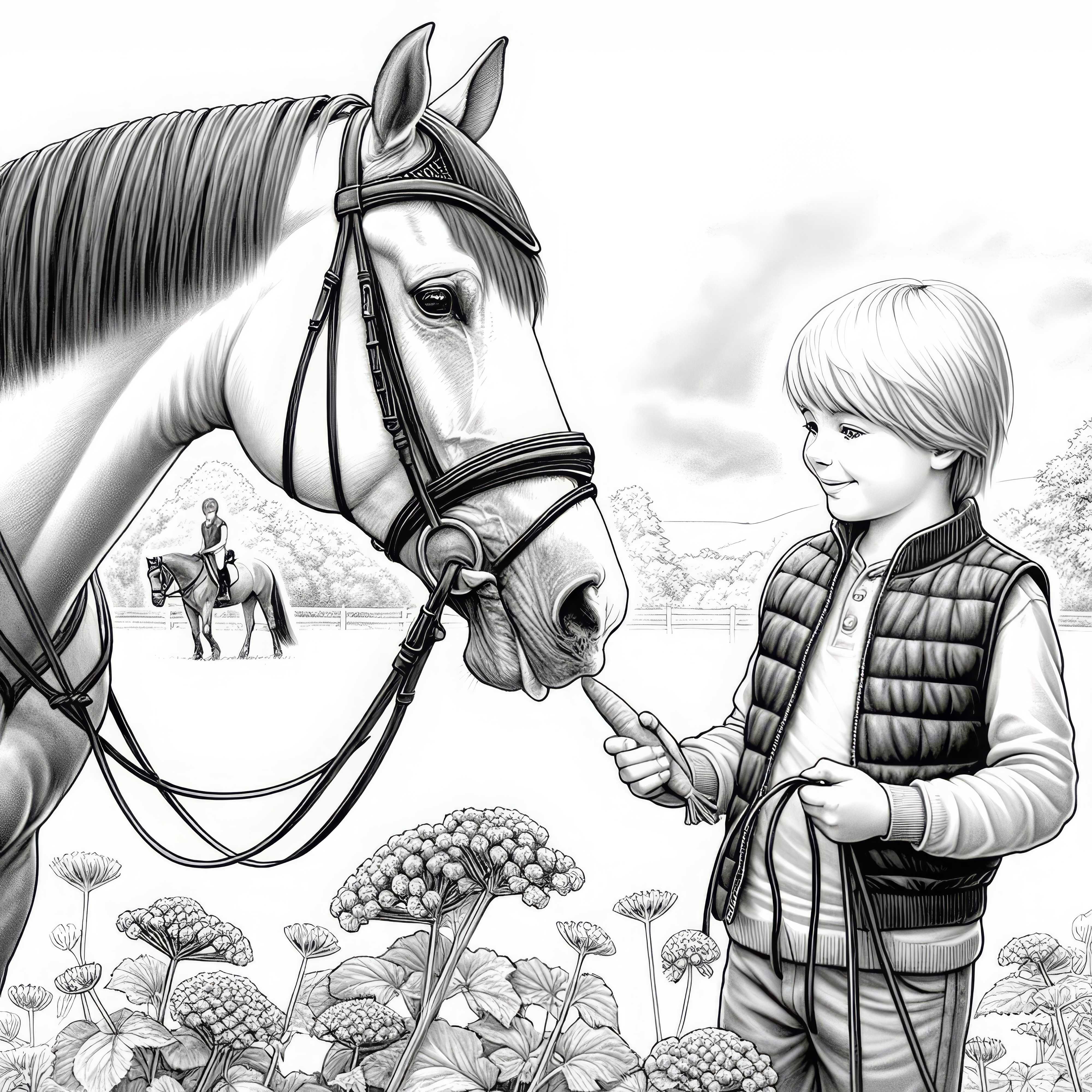 Kind füttert Pferd mit Karotte – Ausmalbild für Reitsport-Fans