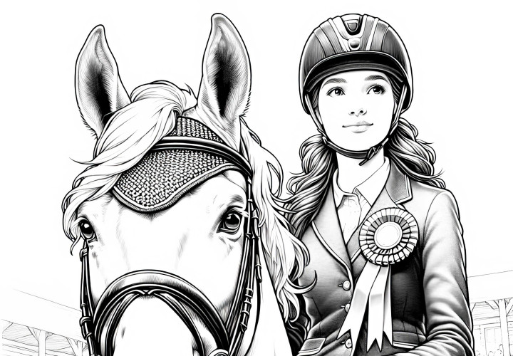 Una jinete se sienta orgullosa sobre su caballo con cinta de ganadora - Imagen para colorear para descargar Una jinete se sienta orgullosa en su caballo con cinta de ganadora – Imagen para colorear para descargar