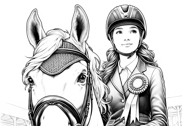 Eine Reiterin sitzt stolz auf ihrem Pferd mit Siegerschleife – Ausmalbild zum Download