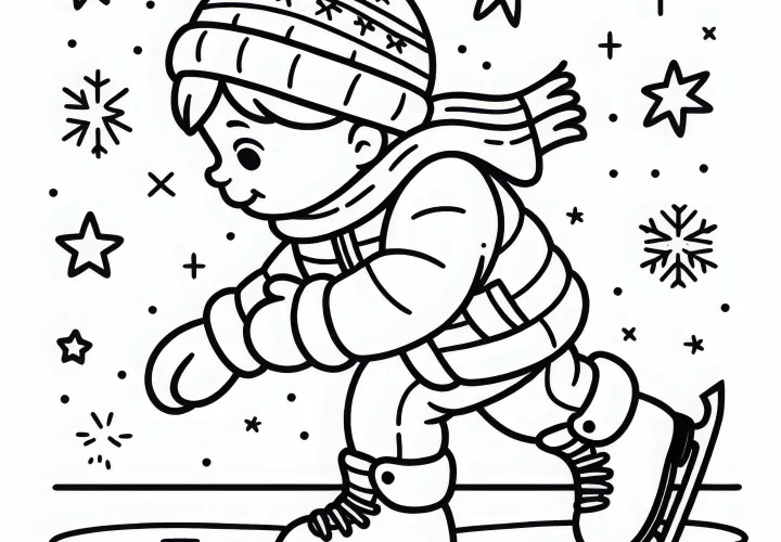 Child carefully takes first steps on the ice – Free coloring template