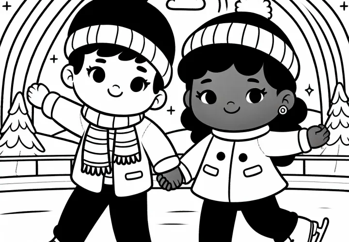 Two friends hold hands while ice skating – Free coloring page