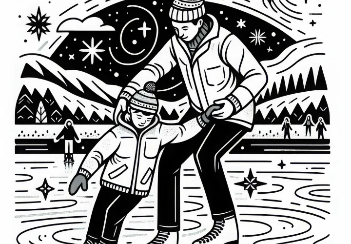 Trainer shows child how to stand safely on ice – Free coloring page for ice skating