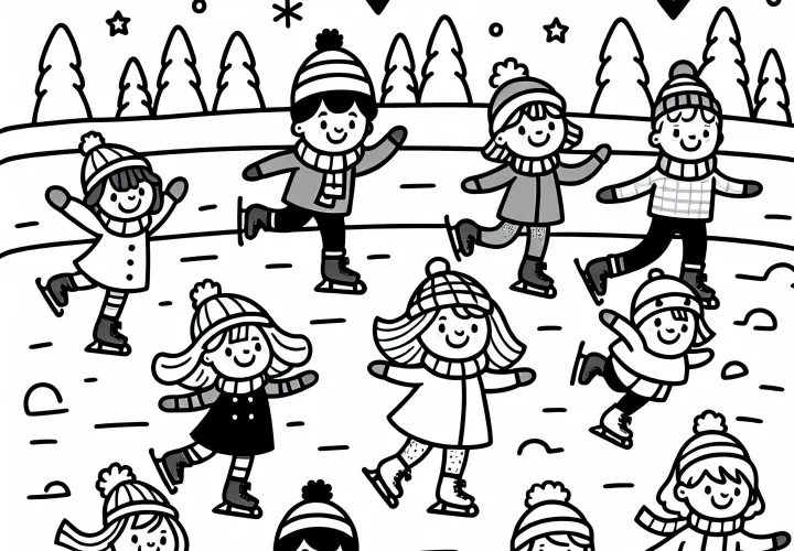 A group of children happily ice skate over a frozen lake surface - free coloring page