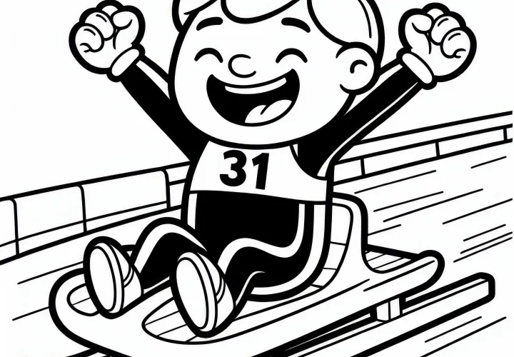Luge athlete celebrates run with a smile in the finish area – Free coloring page