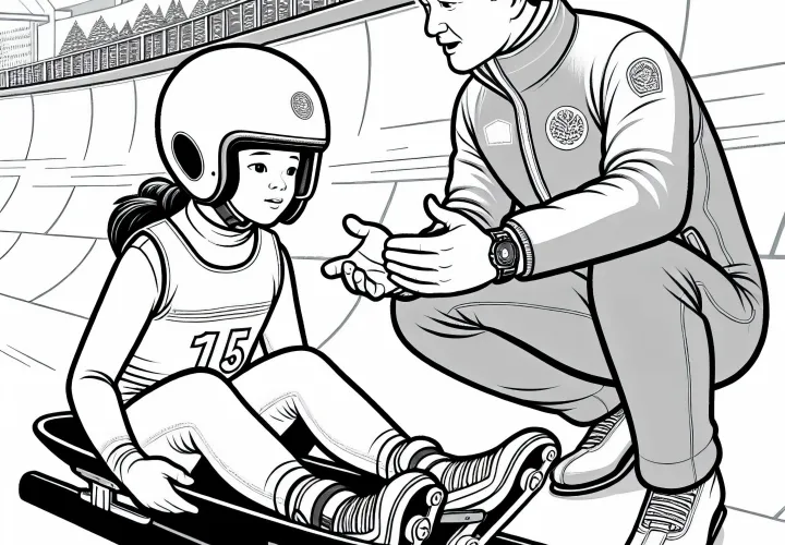 Sledding coach gives instructions to junior sledder – Free coloring page