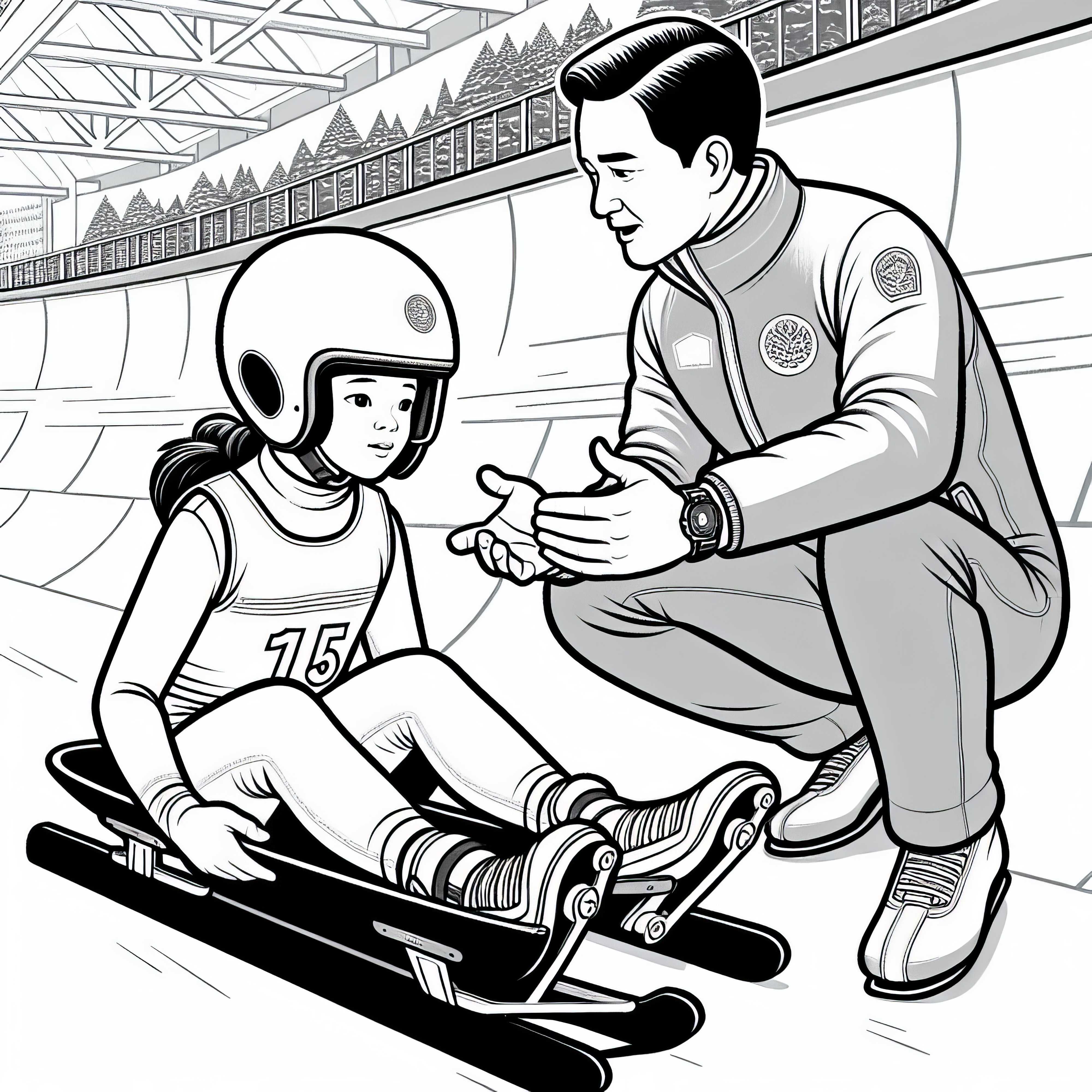 Luge coach gives instructions to junior luge athlete - Free coloring page