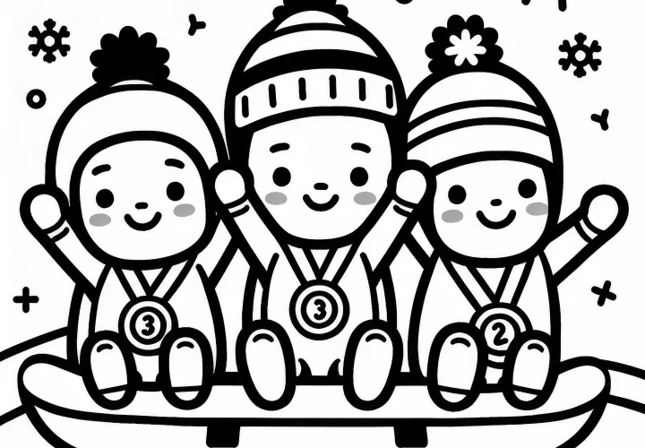 Winners' ceremony shows happy luge athletes with medals - Free simple coloring page