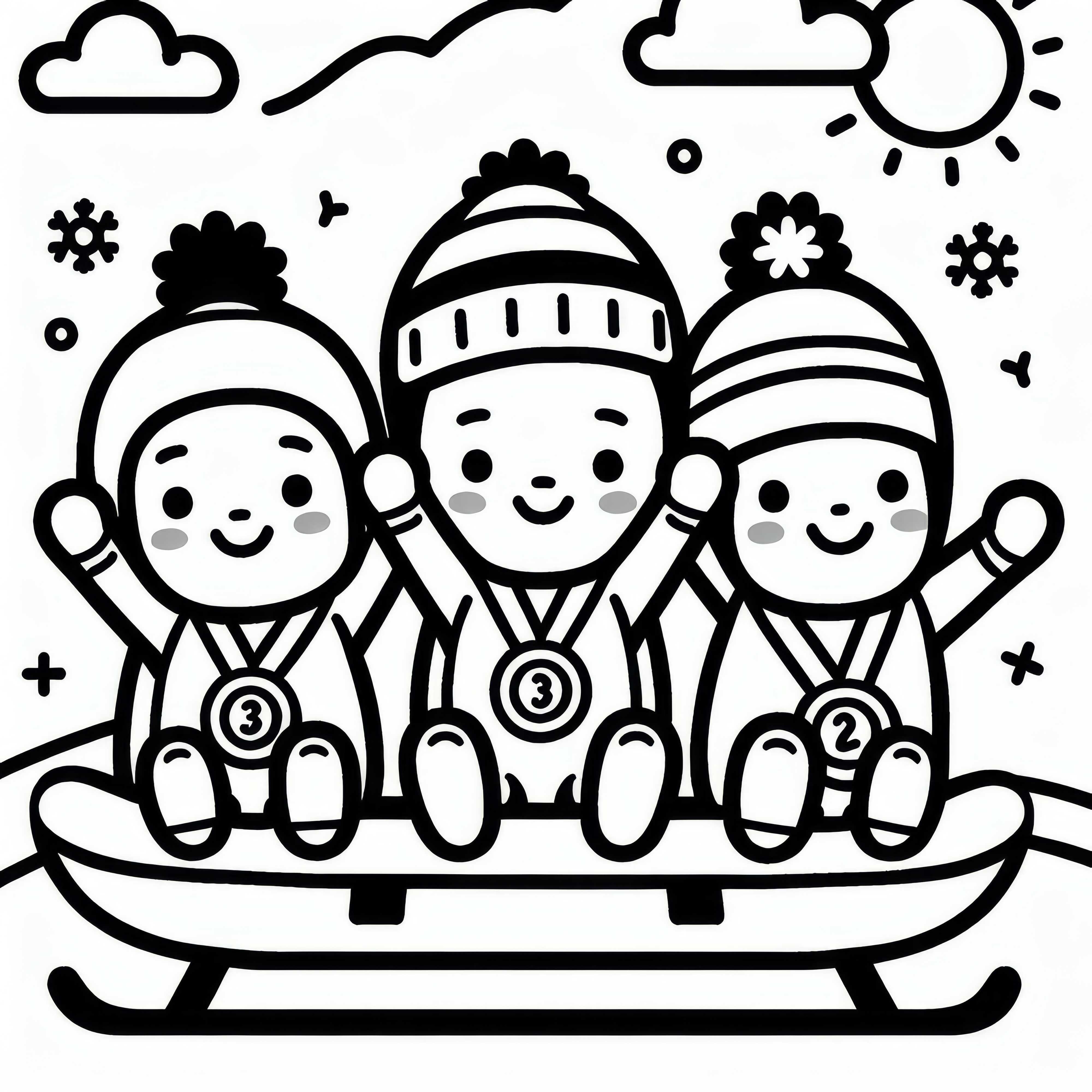 Victory ceremony shows happy luge athletes with medals - Simple free coloring page