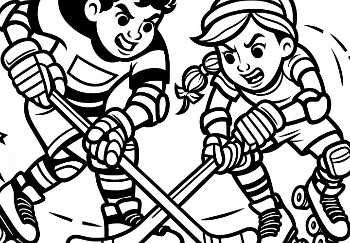Zwei Rollhockey-Spieler kämpfen um den Puck – Malvorlage kostenlos Zwei Rollhockey-Spieler kämpfen um den Puck – Malvorlage kostenlos