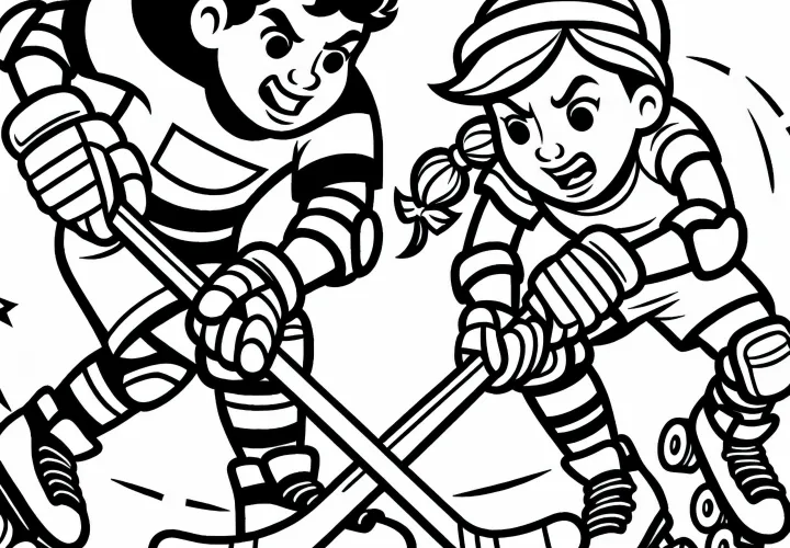 Two roller hockey players are fighting for the puck - free coloring page