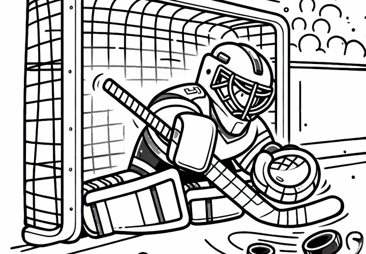 Rollhockey Torwart hält schnellen Schuss mit Schläger ab - Malvorlage kostenlos Rollhockey Torwart hält schnellen Schuss mit Schläger ab - Malvorlage kostenlos