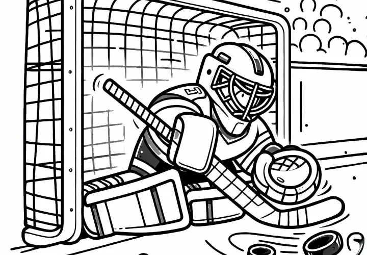 Roller hockey goalkeeper saves a fast shot with the stick - free coloring page