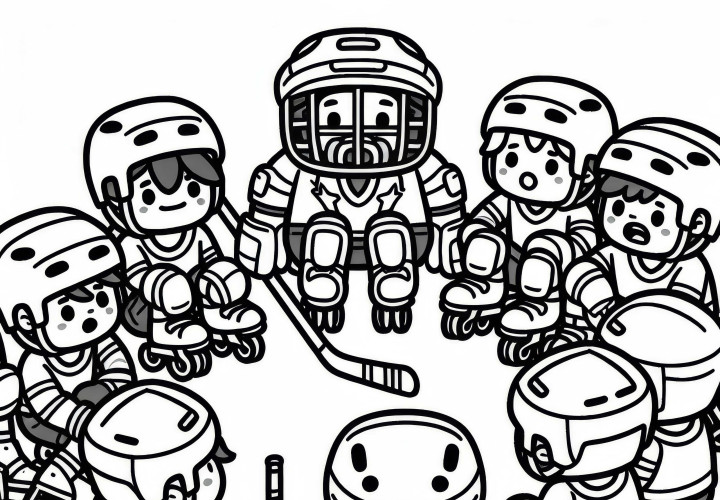 Rollhockey-Mannschaft versammelt sich in Besprechungspause – Ausmalbild kostenlos Rollhockey-Mannschaft versammelt sich in Besprechungspause – Ausmalbild kostenlos