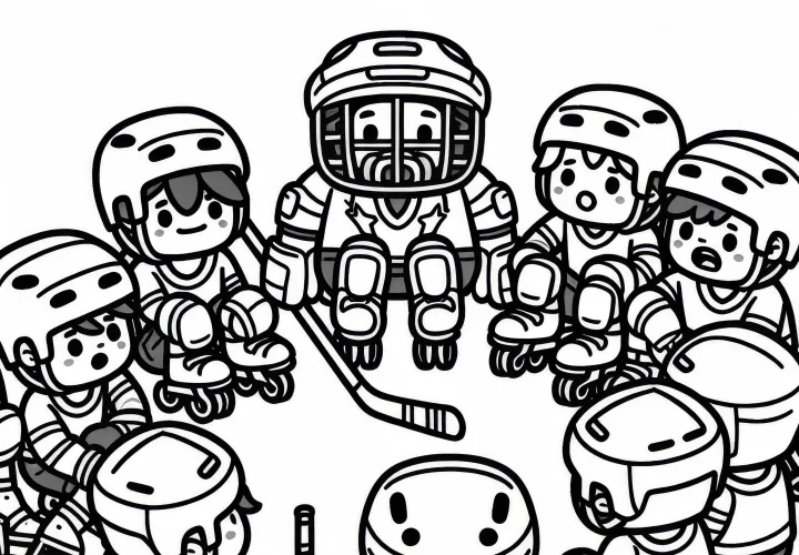 Roller hockey team gathers during meeting break – Free coloring page