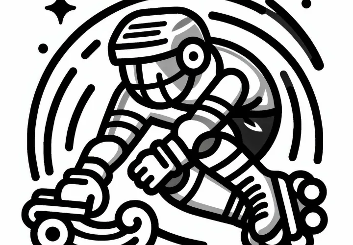 Roller hockey player performs a quick spin - coloring template easy and free