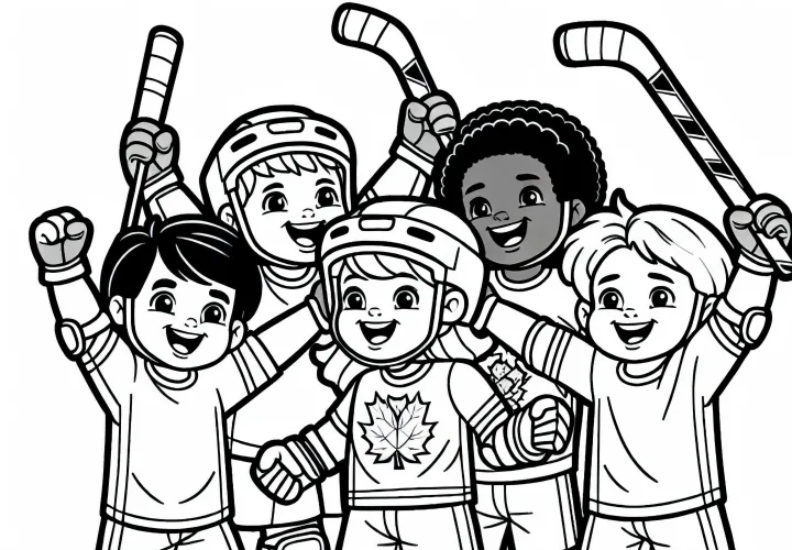 Roller hockey team celebrates after a goal – Coloring template free and easy