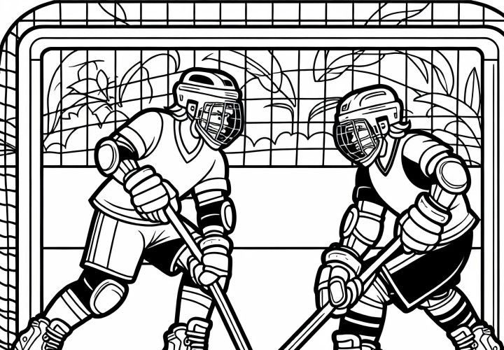 Zwei Rollhockey-Spieler liefern sich ein hartes Duell – Ausmalbild gratis Zwei Rollhockey-Spieler liefern sich ein hartes Duell – Ausmalbild gratis