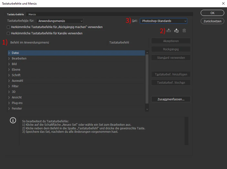 Photoshop CC, window for keyboard shortcuts and menus