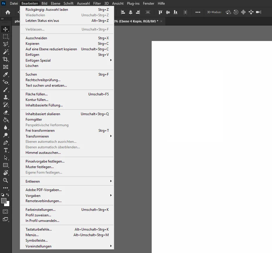 Commands and functions in the Edit menu of Photoshop CC