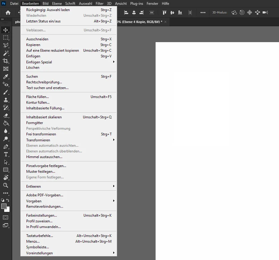 Befehle und Funktionen im Menü Bearbeiten von Photoshop CC