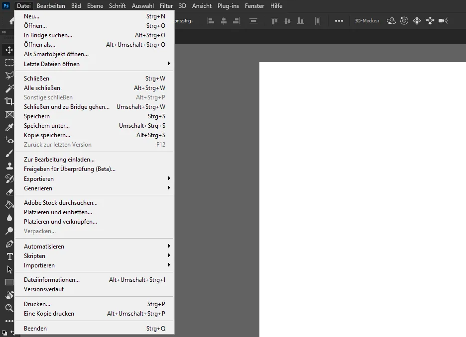 Commands and functions in the File menu of Photoshop CC