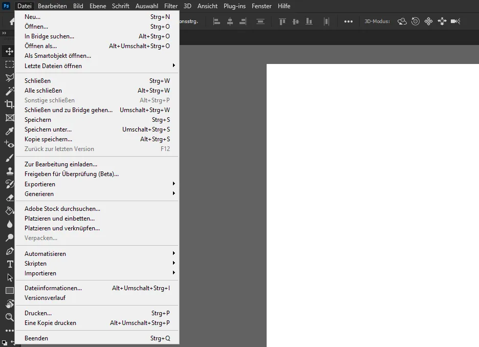 Befehle und Funktionen im Menü Datei von Photoshop CC