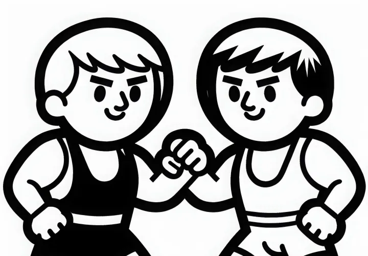 Two wrestlers stand opposite each other in a fighting stance - free coloring page