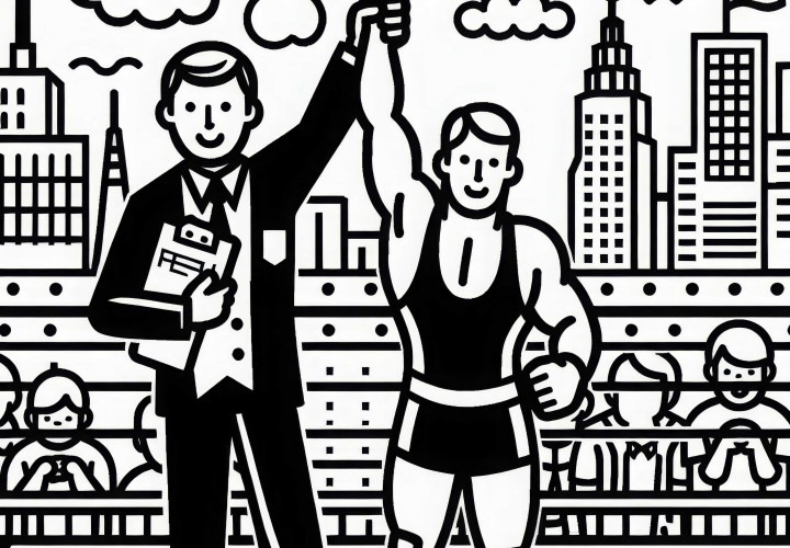 El árbitro levanta el brazo del ganador tras la lucha libre - Dibujo para colorear gratis El árbitro levanta el brazo del ganador tras la lucha libre – Dibujo para colorear gratis