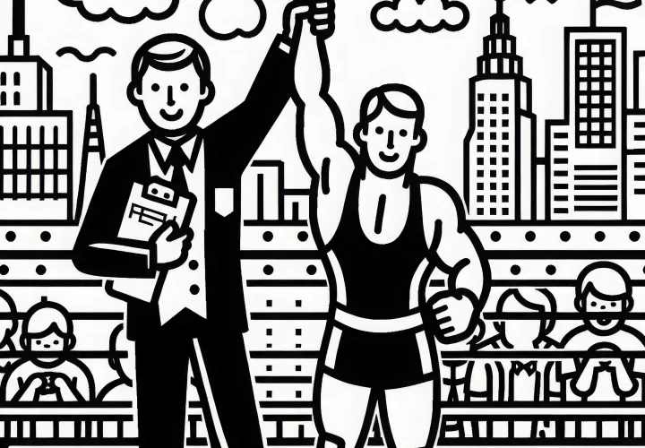Referee raises the winner's arm after wrestling - Free coloring page