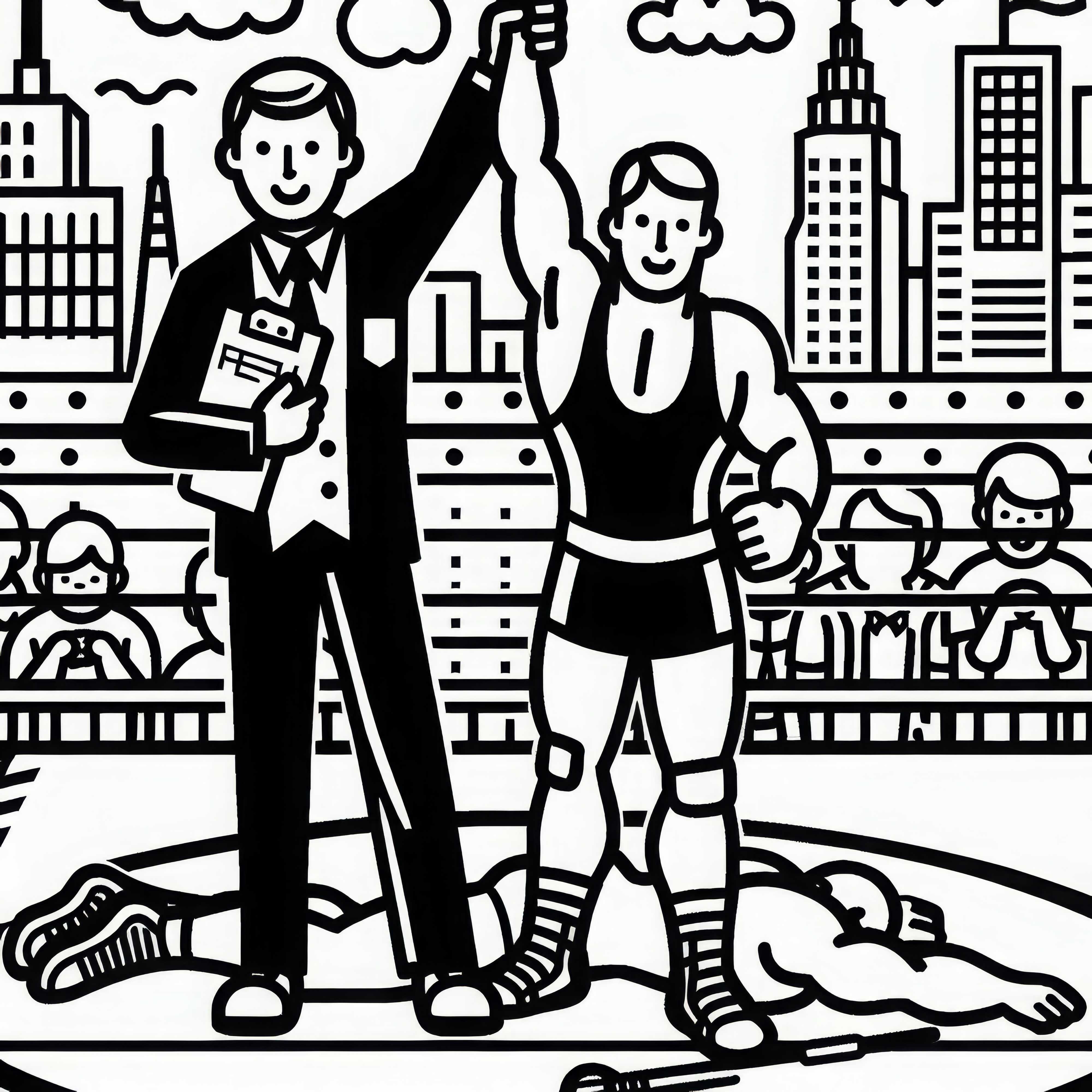 El árbitro levanta el brazo del ganador después de la lucha libre - Dibujo para colorear gratis