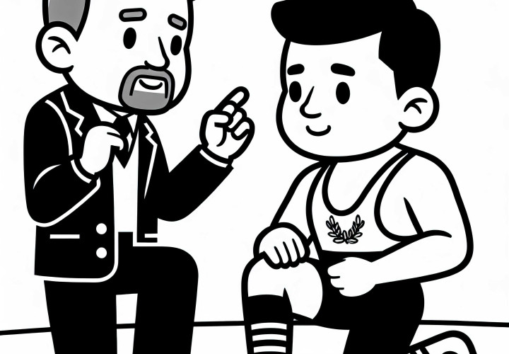 Entrenador da instrucciones a un joven luchador - Plantilla para colorear gratuita El entrenador le da instrucciones a un joven luchador - Plantilla para colorear gratuita