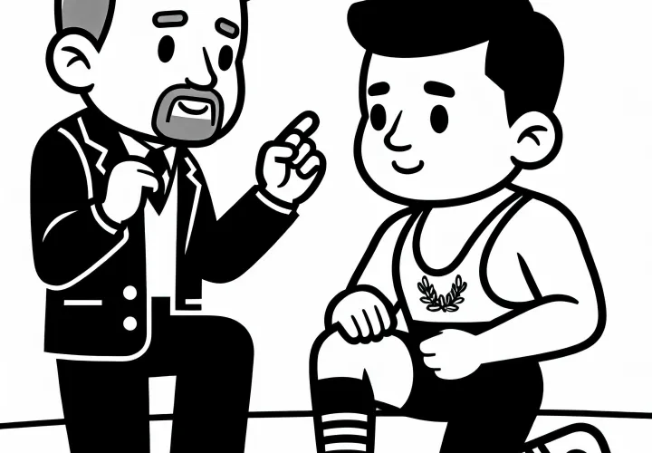 A trainer gives a young wrestler instructions - Coloring page free