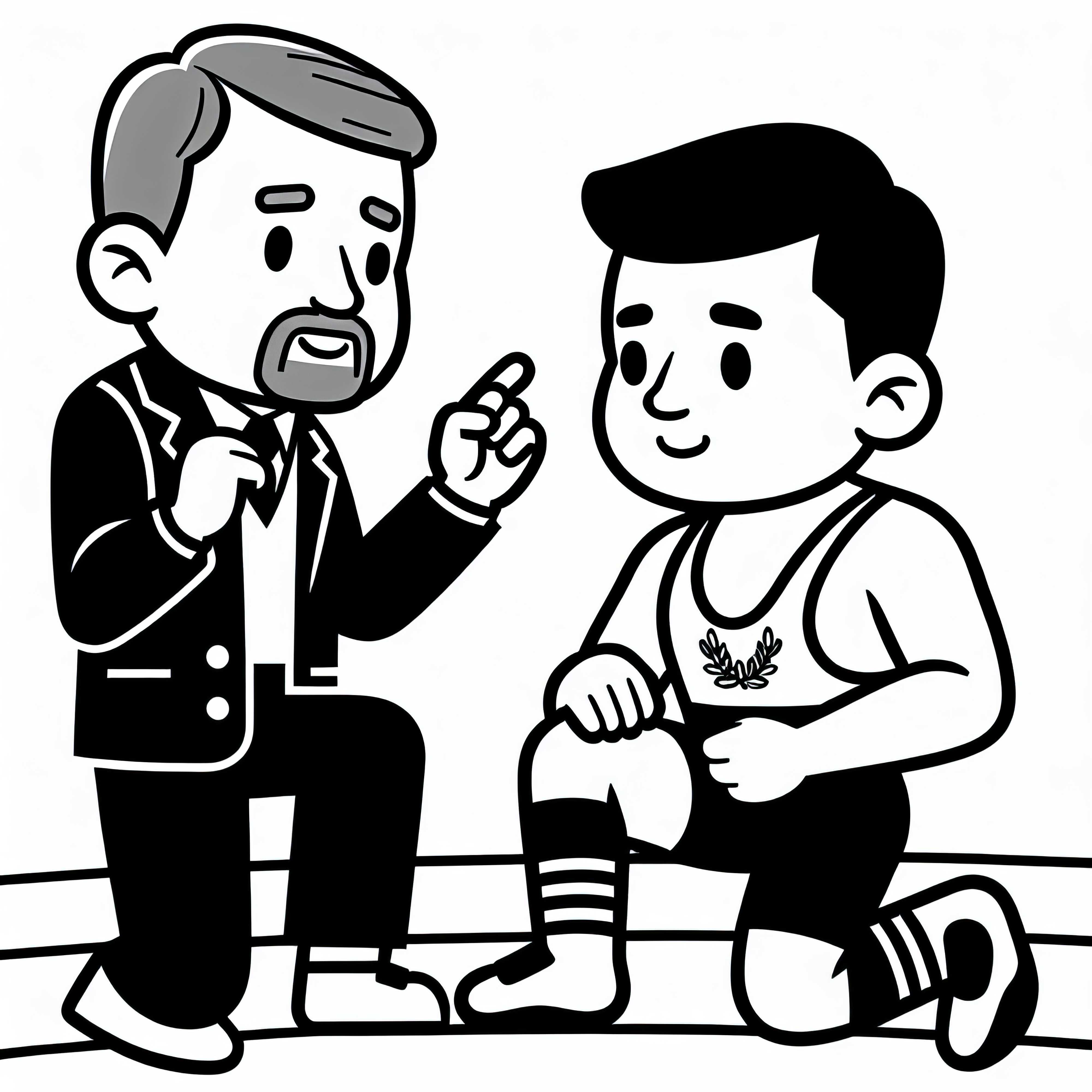 El entrenador le da instrucciones a un joven luchador - Plantilla para colorear gratis
