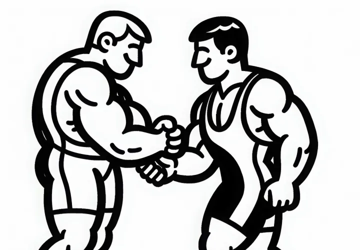 Two wrestlers shake hands after the match - Free coloring page