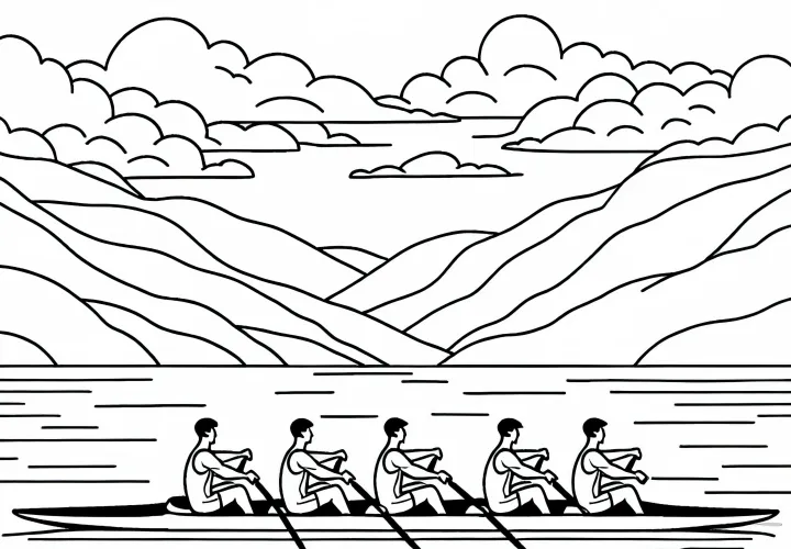 Rowing group moves synchronously on a calm lake – Free coloring page