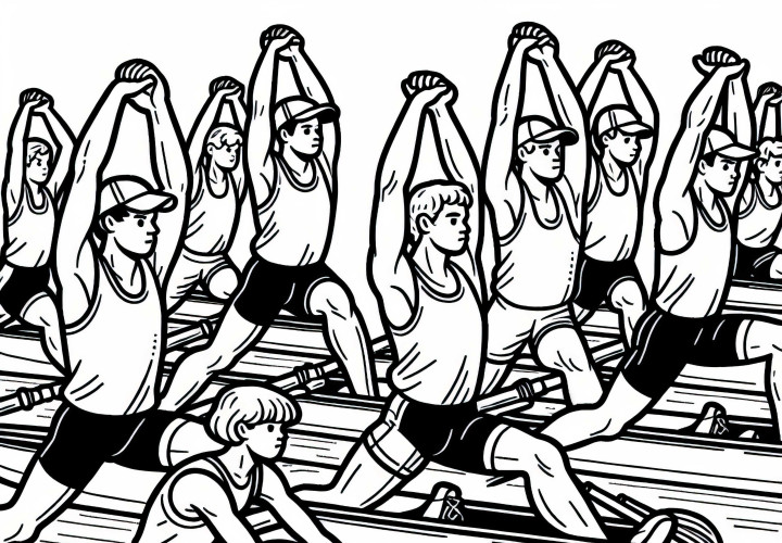 Gruppe von Ruderern dehnt sich vor dem Training – Ausmalbild kostenlos Gruppe von Ruderern dehnt sich vor dem Training – Ausmalbild kostenlos