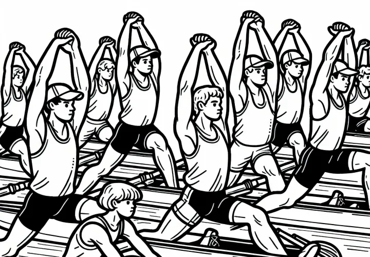 Group of rowers stretching before training - Free coloring page