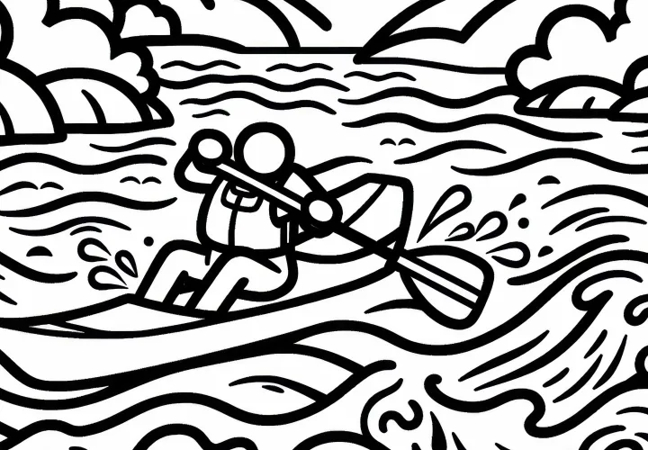 Wildwater paddler navigates through strong currents - free simple coloring page