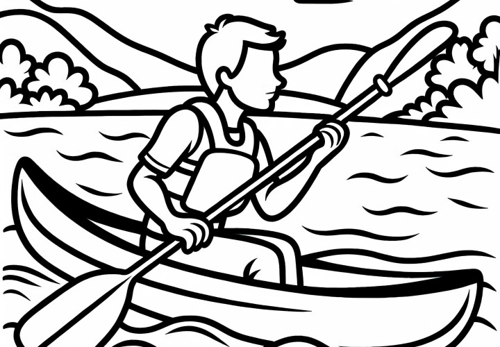 Paddler gleitet mit Kanu über ruhigen Fluss – Ausmalbild gratis Paddler gleitet mit Kanu über ruhigen Fluss – Ausmalbild gratis