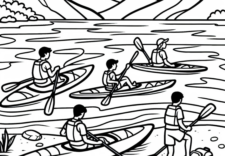 Paddlergruppe macht Pause am Ufer – Malvorlage kostenlos Paddlergruppe macht Pause am Ufer – Malvorlage kostenlos